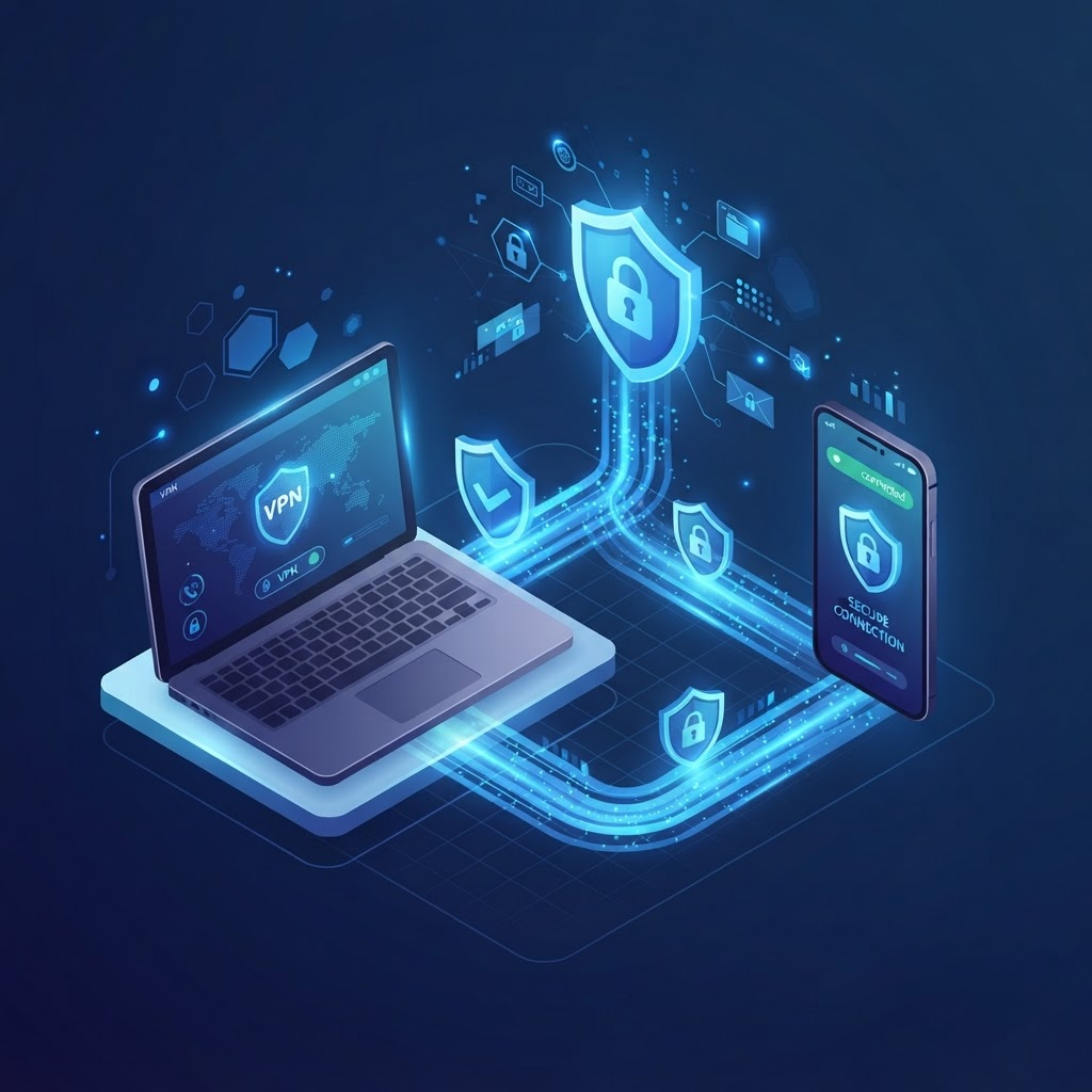 SwiftShield VPN 跨设备安全加密示意图